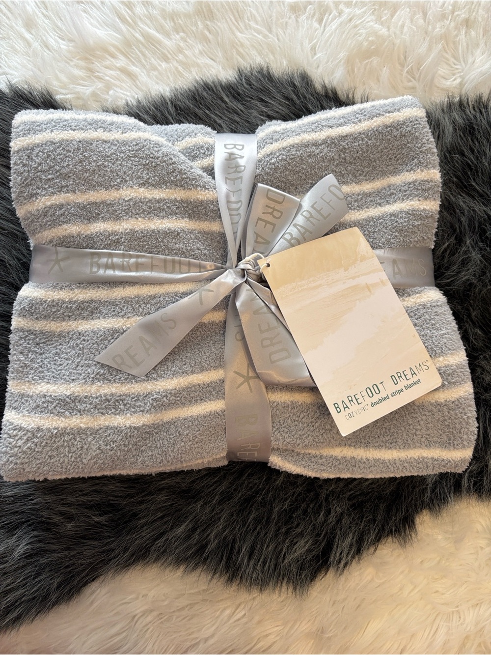 Barefoot Dreams Gray and White Striped Plush Throw